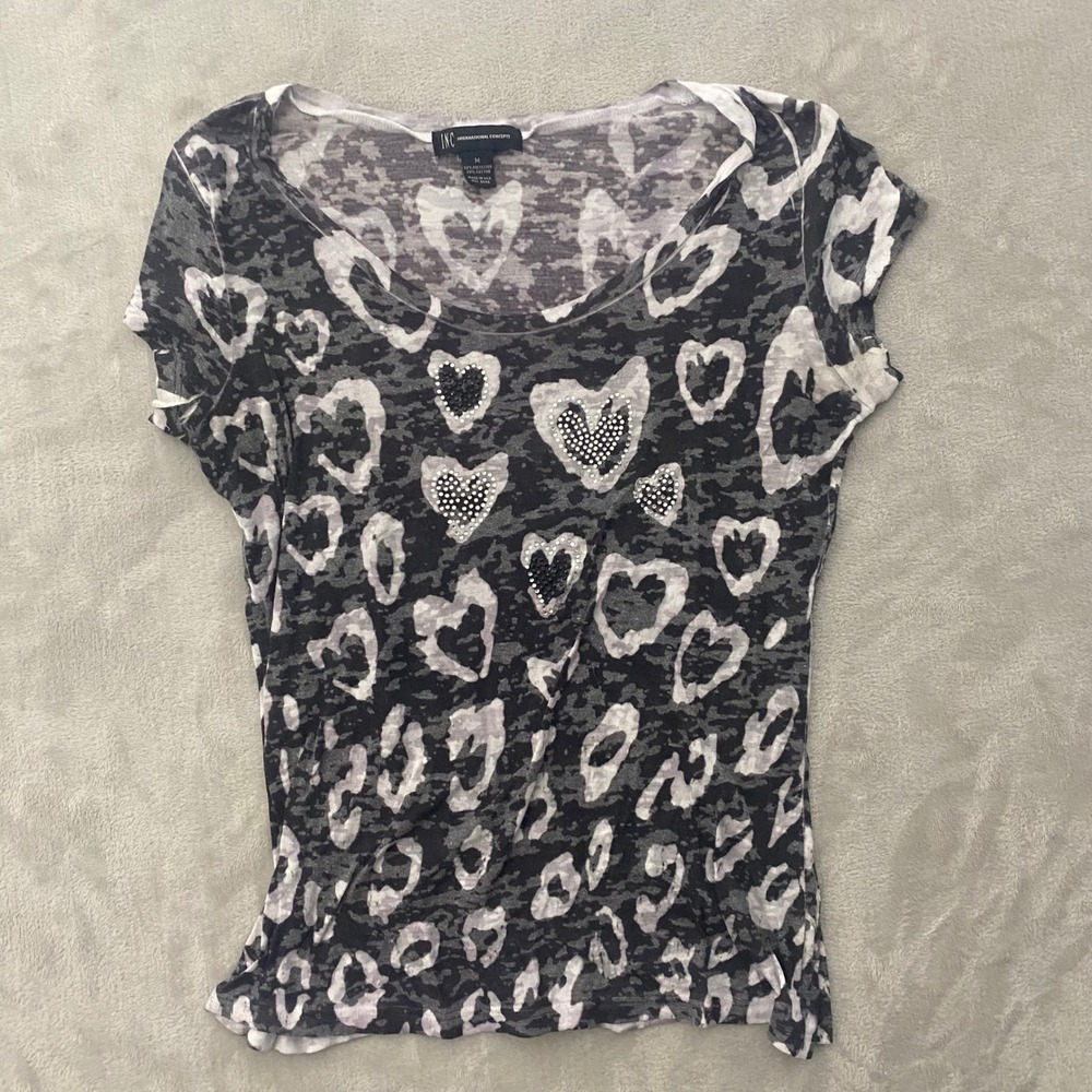 INC International Concepts Womens Heart Leopard Print Rhinestone Burnout Tee M